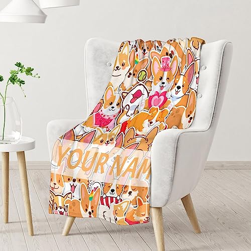 Personalized Corgi Blanket Gifts with Name - 50"x60" Cute Throw for Adults, Kids - Colorful Soft Fuzzy Blankets for Bed, Couch & Living Room