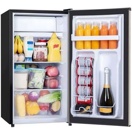 Tehanld - Nevera pequeña con congelador de 3.2 pies cúbicos, puerta reversible, refrigerador compacto, ahorro de energía, bajo ruido, mini refrigerador para recámara, oficina y departamento, dorado