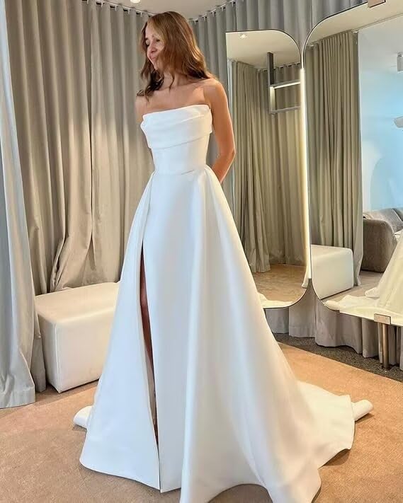 Women's Strapless Satin Wedding Dresses for Bride Long A Line Bridal Dress Simple Beach Dresses with Side Split3