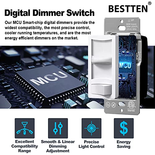 [6 Pack] Bestten Ultra Slim Digital Dimmer Switch, Single-Pole Or 3-Way, Dimmable Light Switch For Led, Cfl, Halogen And Incandescent Bulbs, Etl/Cetl Listed, White #TOP1