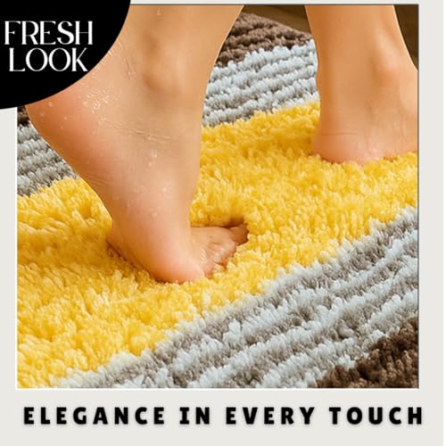 Image of VAS COLLECTIONS Microfiber Solid & Striped Anti-Skid Bath Mats - Pack of 2 (Brown & Yellow, 35x50 cm)