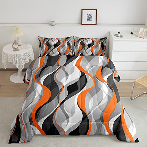 Feelyou Orange Grey Black Stripes Comforter Set Queen Size Kids Geometric Comforter for Boys Teens Geometry Bedding Set Modern Striped Art Abstract Art Duvet Set Room Decor Quilt Boys