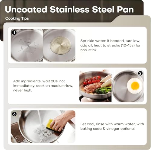 Image of 10 Inch Stainless Steel Frying Pan with Lid, Tri-Ply Healthy Stainless Steel Cookware, Pan, Skillet on Induction, Ceramic and Gas Cooktops, PFOA Free Cooking Pan, Dishwasher Safe