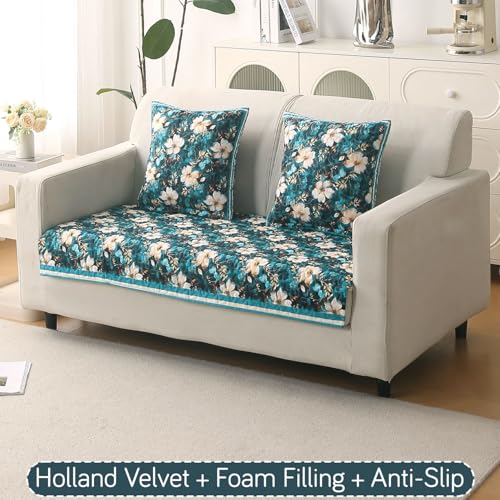 Image of HOKIPO 'Florentina Series' Foam Filled Premium Holland Velvet Sofa Cover Mat for 2 Seater Sofa with Anti-Slip Backing, Pansies Teal (IN-879-V5)