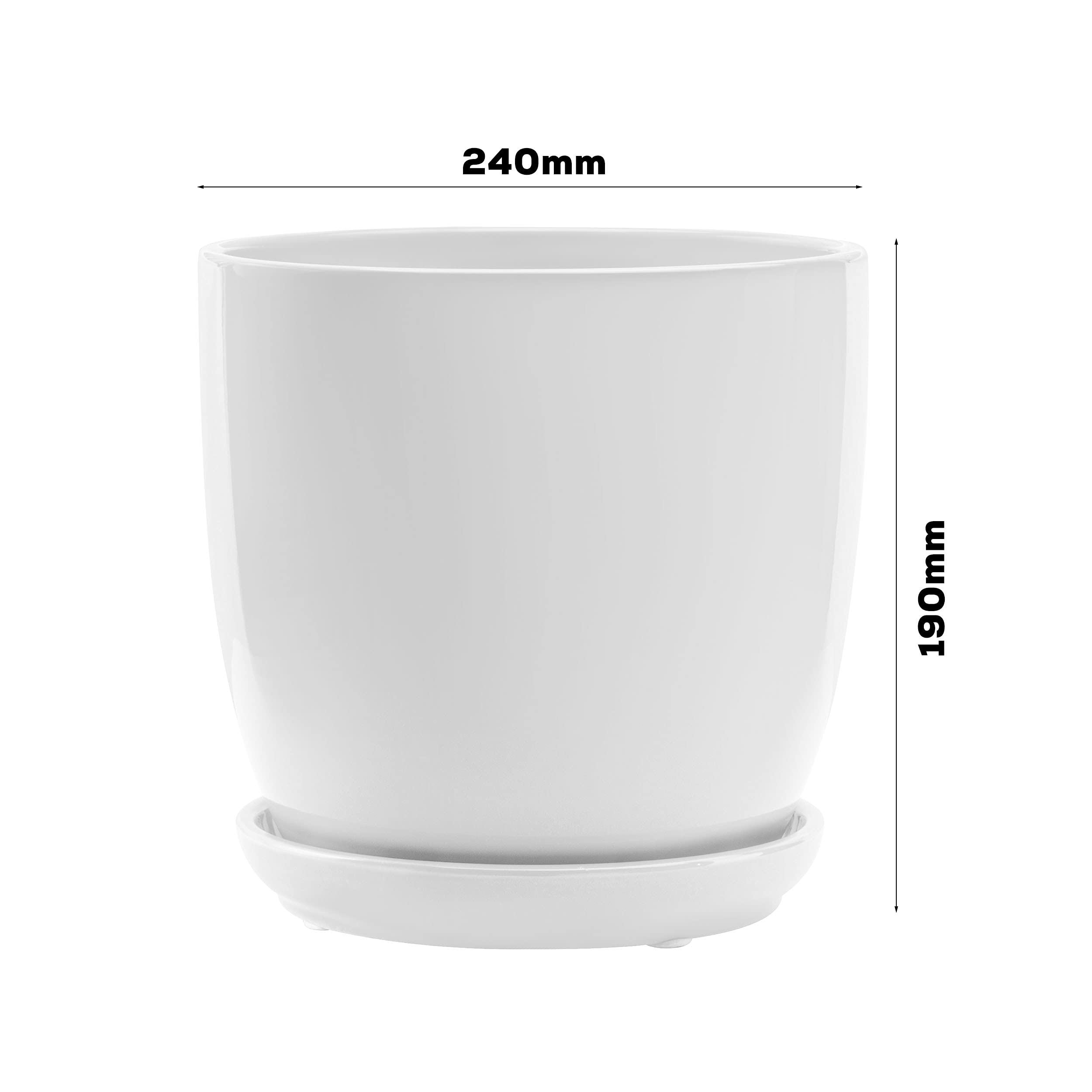 botle Klassischer Blumentopf Keramik Rund Glasiert Untersetzer mit Loch 5 Farben Weiß Gelb Grün Hellblau Betongrau 5 Größen D 13 15 17 18 20 24cm (Weiß, Höhe 19 cm)