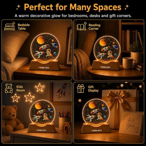 Image of 3D Acrylic LED Night Light - Warm White & Astronaut Boy FIre Design with Durable Plastic Base, Decorative Table Lamp for Bedroom, Living Room, Kids Room, Study & Home Decor Gifting