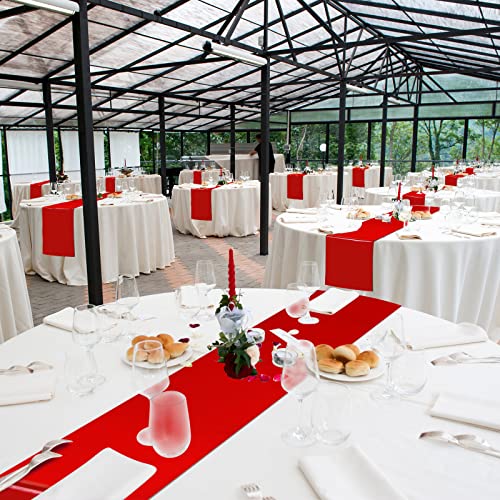 Image of 12 Pack 12x108 Inch Satin Table Runner and 84 Inch Round Plastic Tablecloths Set Red and White Disposable Round Table Cover for Graduation Wedding Bridal Shower Anniversary Birthday Party Decorations