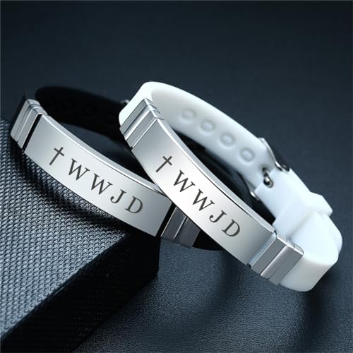 WWJD Bracelet Set for Men Women,2Pcs Stainless Steel Adjusted Silicone What Would Jesus Do Bracelets Inspirational Religious Reminder Jewerly Gift for Him Her4