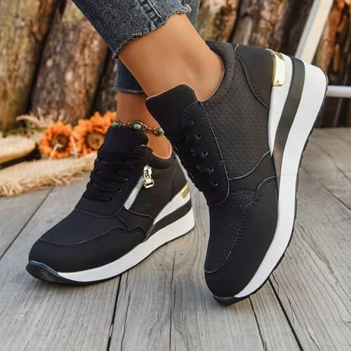 Platform Wedge Sneakers for Women Lace Up Walking Tennis Shoes Slip On Breathable Lightweight Chunky High Heels Fashion Sneakers Non-Slip Womens Comfortable Casual Shoes for Gym Travel Work2