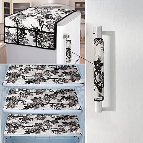 Image of Exclusive Combo Set of Appliances Cover (1 Pc. of Fridge Top Cover, 1 Pc. of Refrigerator Handle Cover and 3 Pc. Of Refrigerator Mat /Fridge Shelf Mat) (Color- Black, Design-Floral, Set Contains- 5 Pcs)