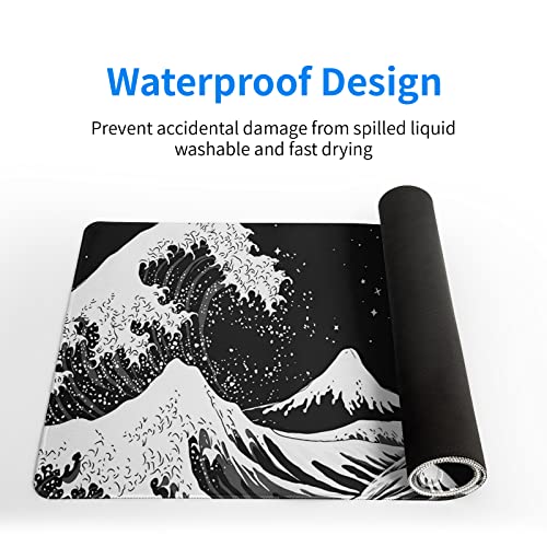 Black And White Japanese Waves Sea Dragon Gaming Mouse Pad Abstract Black Mat 31.5X11.8 Inch Sea Wave Texture Non-Slip Rubber Base Wave Mousepad Stitched Edges Keyboard Desk Pad For Office Home Game #TOP3