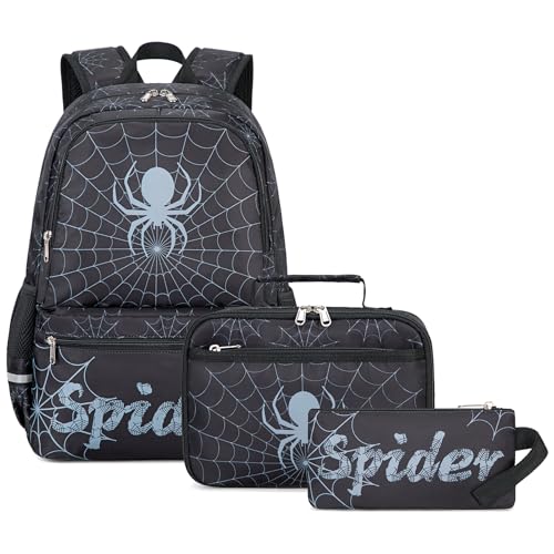Octsky Kids School Backpack with Lunch Box Pencil Case for Boys, Spider Elementary Middle School Book Bags for Teen Boy Children, Black 3pcs