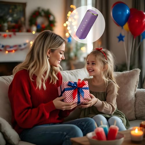 Portable Bluetooth Speaker, IPX7 Waterproof Wireless Outdoor Speaker, Interactive Tap-to-Play Fun, 25H Playtime, Bass Boosted, LED Lights, TWS Pairing for Beach, Pool, Shower, Gift, Purple