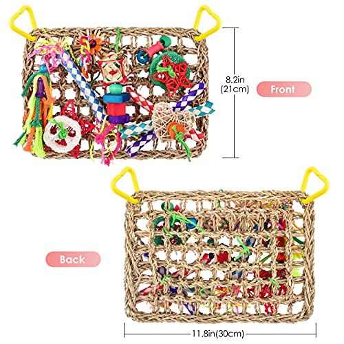 KATUMO Bird Toys, Bird Foraging Wall Toy, Edible Seagrass Woven Climbing Hammock Mat with Colorful Chewing Toys, Suitable for Lovebirds, Finch, Parakeets, Budgerigars, Conure, Cockatiel - Image 3