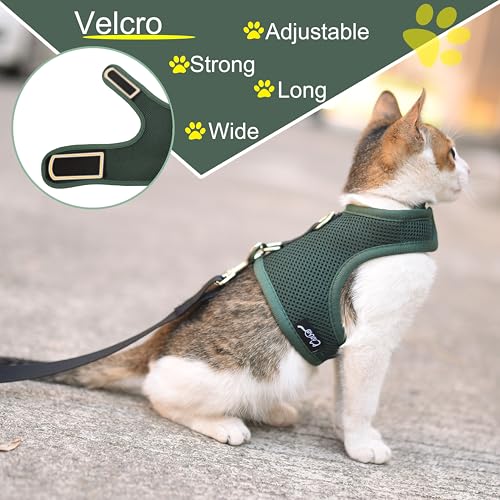 Image of Kitty Harness and Leash for Walking Escape Proof Breathable Mesh Fabric, Solid Green, Small, Adjustable Cat Walking Jackets, Padded Stylish Cat Vest