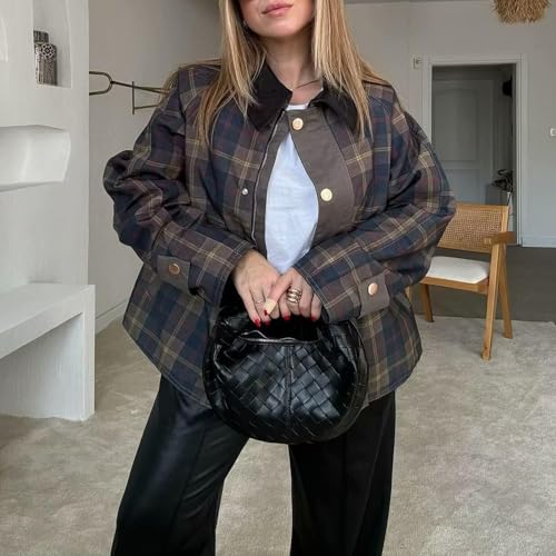 Womens Plaid Casual Fashion Jacket Long Sleeve Lapel Collar Button Up Zipper Shacket Jacket Tops2