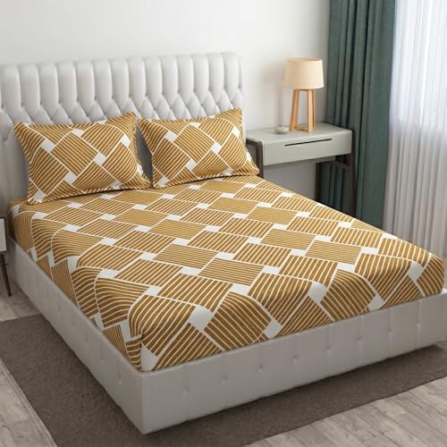 Image of Cotton Bolls Textiles Glace Cotton Flat Bedsheet 90x90 Inch with 2 Pillow Covers - Soft Breathable Glace Cotton, Printed Bedding Set for Double Bed