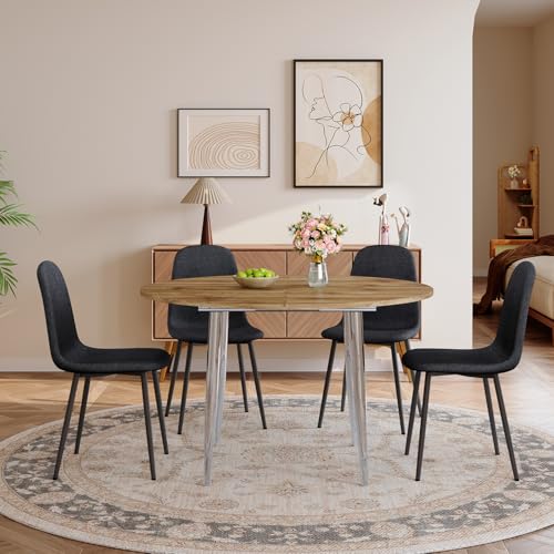 Image of FURNITO Modern Dining Table Set for 4, 42 inch-54 inch Extendable Round to Oval Dining Table, Kitchen & Dining Room Set with Wood Grain Top and 4 Fabric Upholstered Chairs, Space-Saving, Easy Assembly