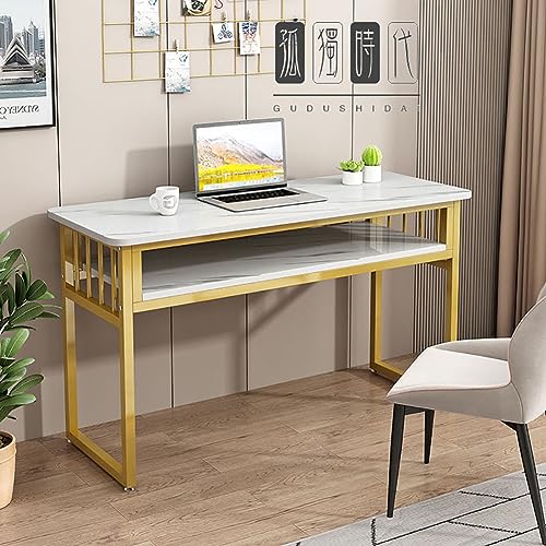 SXZenSpace Moderner 40/47-Zoll-Computertisch mit Ablagefach, 2-stufiges Bürogestell aus Metall, Schreibtisch für PC und Laptop, weiß-goldene Ausführung, 120 x 50 cm