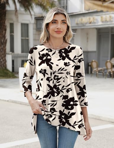 LOMON 3/4 Sleeve Tunic Tops for Women Loose Fit Dressy Casual Blouse Flowy Shirts to Wear with Leggings S-3XL