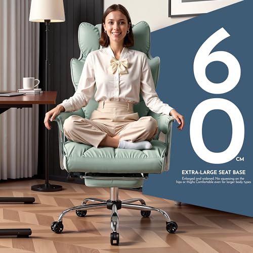 Image of Efomao Big and Tall Office Desk Chair, Green | 23.5 inch Wide Dual-Layer Foam Cushion, 135 Reclining PU Leather Desk Seat with Footrest, Independent Movable Lumbar Pillow