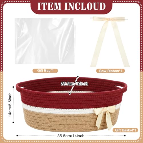Image of Colingmill 1 Set Woven Basket for Gift Empty with Cellophane Wrap Set 14 x 10 x 5.5 Inch, Medium Decorative Gift Basket Empty to Fill, Cotton Rope Storage Box Decor (Brick Red Khaki)