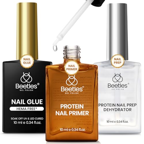 Beetles 3Pcs Gel Nail Glue Nail Dehydrator and Primer Hema-Free & Acid Free Bond Protein Prep Kit for Nail Tips & Extensions Long-Lasting Adhesion Gift for Women