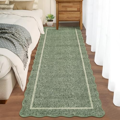 GarveeHome Scalloped Washable Runner Rug 2x8 Runner Modern Non Slip Kitchen Rugs Entryway Rug Farmhouse Soft Bathroom Rugs Stain Resistant Carpet for Hallway Laundry Bedroom 2'x8' Greyish Green