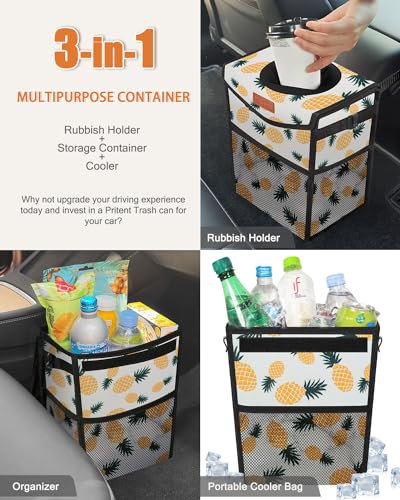 Image of Pritent Car Trash Can with Lid, Cute Leakproof Car Trash Garbage Bag Hanging Vehicle Trash Bin Small Portable Automotive Garbage Cans Organizer for Back /Front Seat(Trapezoid,Pineapple Print