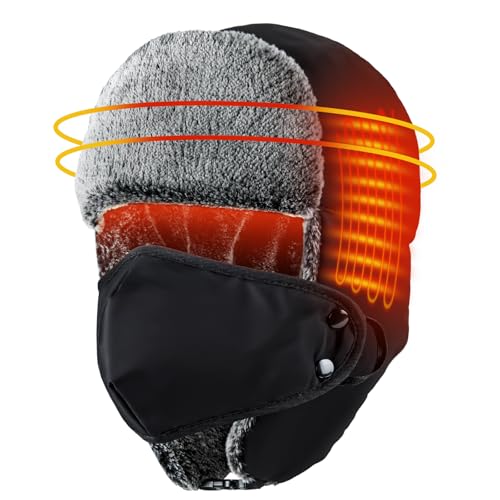 BOYISEN Heated Trapper Hat 25 Electric Winter Hat with Rechargeable Battery Russian Ushanka with Mask Faux Fur Ear Flaps Washable Black Gift for Men Women
