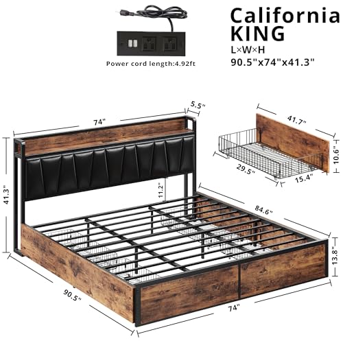 Image of LIKIMIO California King Bed Frame with 4 Storage Drawers, Platform Bed with Charged Headboard, Sturdy and Stable, No Noise, No Box Spring Needed, Easy to Install, Vintage Brown and Black