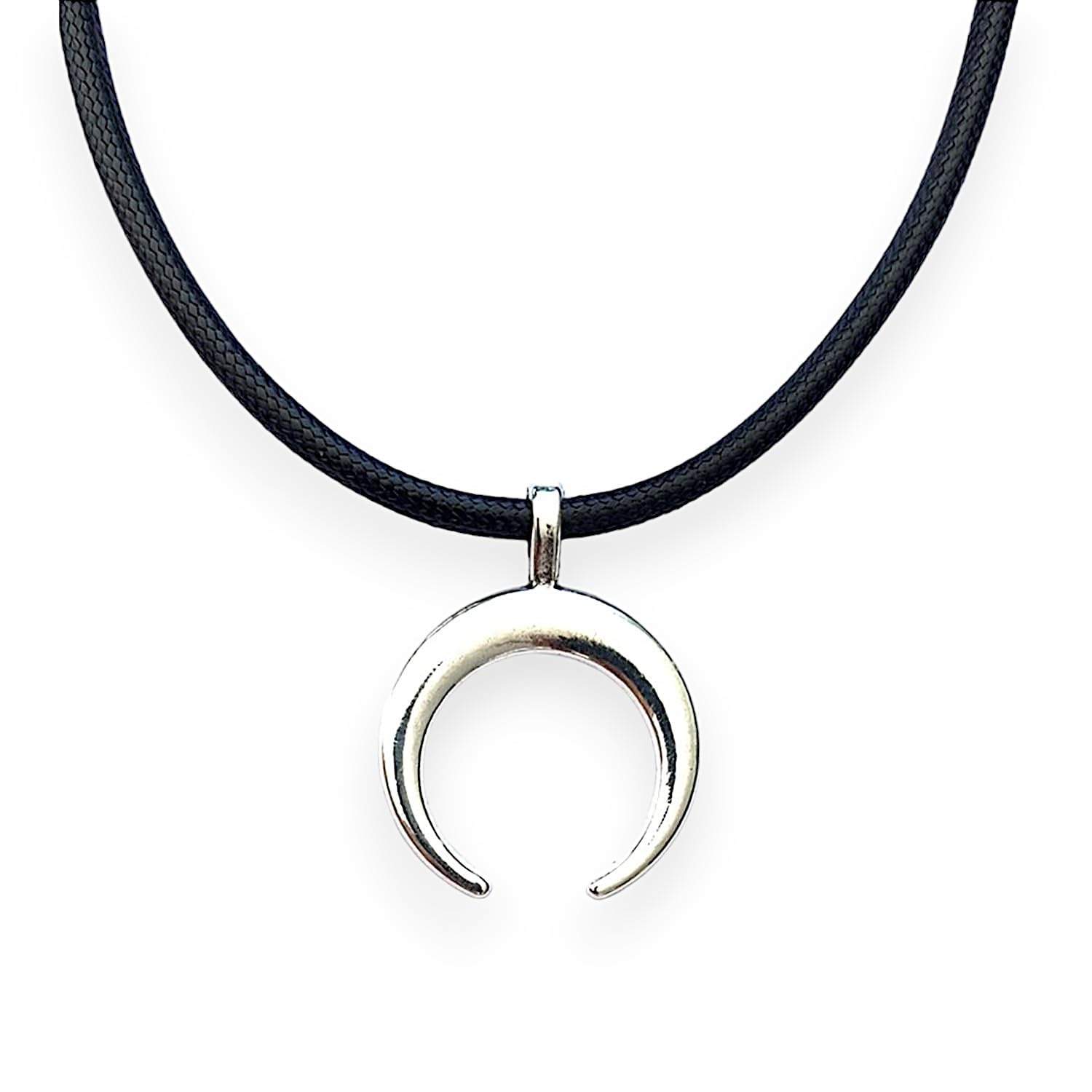 ASTER ALHELÍ Collar Luna Invertida en Plata Antigua - Colgante Hombre Mujer Cuerno con Cordón Encerado de Cuero Negro y Cierre de Acero - Ideal para Regalo