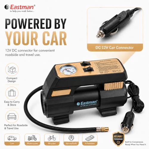 Image of EASTMAN Air Compressor 12V Car Tyre Inflator ? 100 PSI High Pressure Portable Pump with LED Light & 20L /Min Air Flow for Cars, Bikes & Inflatables (EAC-25100)