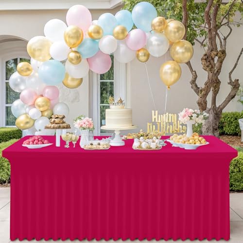Image of Smiry Spandex Elastic Fitted Table Cloth Skirt for 6FT Rectangle Table | Stretch Washable Table Cloth, Banquet Table Cover for Wedding, Party, Indoor & Trade Shows, (Fuchsia, 72Lx30Wx30H)