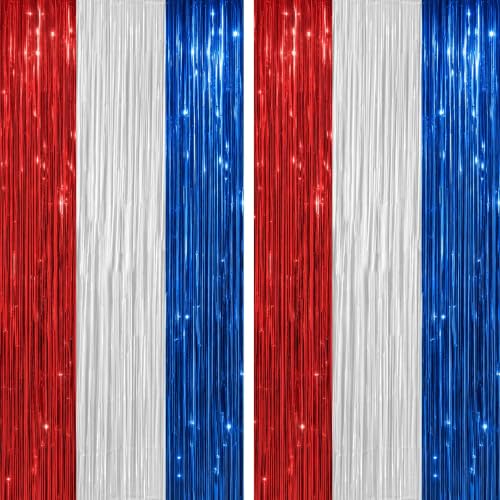 Image of DECOCKRAT 2 Pack Foil Fringe Backdrop - Red&White&Blue Shiny Tinsel Curtains for Party Decoration /Photo Booth Props - 3.3x6.6 FT Metallic Foil Backdrop for Birthday, Wedding, Graduation, Christmas.