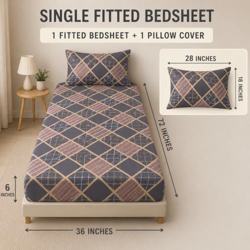 Image of Cotton Elastic Fitted Bedsheets with 1 Pillow Covers | Floral Printed Single Bed Elastic 220 TC Supersoft Breathable & Wrinklefree | for 36x72+6 Inches, Home Style Silver Charcoal Geometric