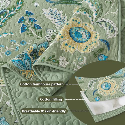 BEDIFANY Farmhouse Queen Quilt Bedding Set - Cotton Lightweight Bedspread with Floral Pattern, 90x98 Inch All Season Coverlet Set, 3 Piece (Quilt + 2 Pillow Shams)
