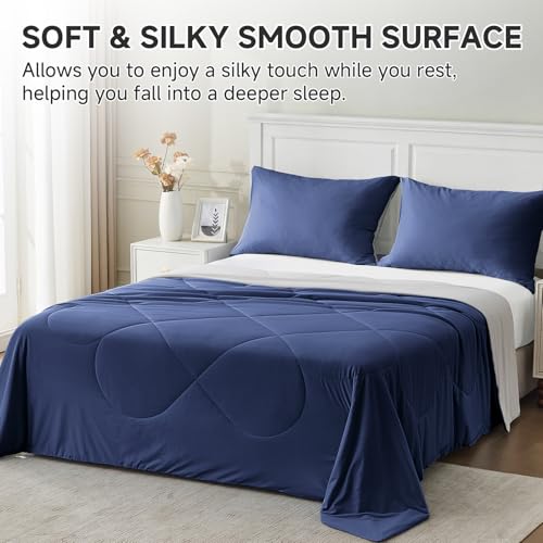 Image of HOMFINE Cooling Comforter Japanese Double-Sided Cold Tech Fabric Cooling Blanket for Night Sweats Hot Sleepers, Q-Max 0.45 Soft Breathable Silky Smooth Lightweight Dark Blue Summer Comforter King