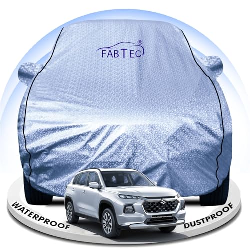 Image of FABTEC Metallic Silver Waterproof Car Body Cover for Maruti Grand Vitara Sun, UV and Dust Protection with Mirror Pocket (Reflective Silver with Black Piping)