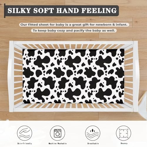 Image of Cow Print Crib Sheet for Baby Boys Girls Soft Comfy Mattress Cover 28 inchx52 inch Standard Bedding Sets Soft Toddler Mattress Covers, Newborn Infant Crib Sheets