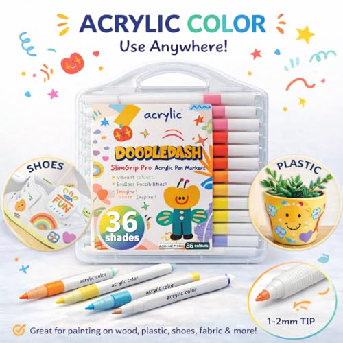 Image of Professional Acrylic Paint Markers Set, 36 Vibrant Colours, Brush Tip, Water-Based, Non-Toxic, for Rock Painting, Canvas, Glass, Wood, School Projects, with Portable Storage Case