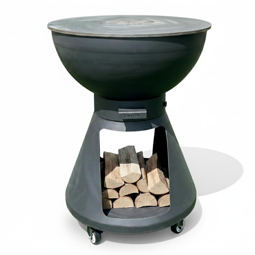Barbecue a Legna e Carbone Yucatán | BBQ Tondo in Acciaio Corten da Esterno & da Giardino con Griglia di cottura in Acciaio Inox 316 sp.1cm, Portatile con Ruote (Antracite)