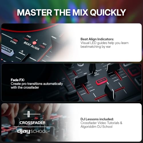 Image of Numark Party Mix III Bluetooth DJ Controller with Built-in Lights | Beat Assist, Smart Fader, 16 Pads, 2 Deck DJ Mixer, Stems Control, USB-C, Serato DJ Lite and Algoriddim djay Included