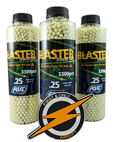 ASG Airsoft Blaster Tracer BBS 0.25gram 3300 X3 Bottiglie e Toppa in PVC di F&O, munizioni luminose/incandescenti da 6 mm per combattimenti notturni/oscuri