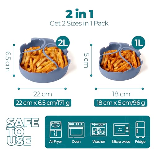 Image of Silicone Air Fryer Liners /Trays /Pots - BPA-Free, Food-Grade Accessories for Air Fryers & Microwave Ovens - Reusable, Eco-Friendly Replacement for Parchment Paper - 1L & 2L Combo (Blue Grey)