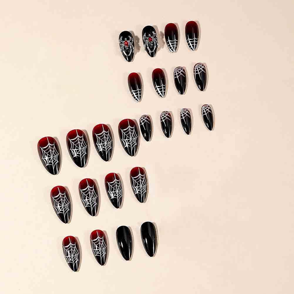 Carufin Halloween Gothic Dark Black Red Gradient Spider Web with Metal Spider, Detachable Fake Nail For Women - Image 3
