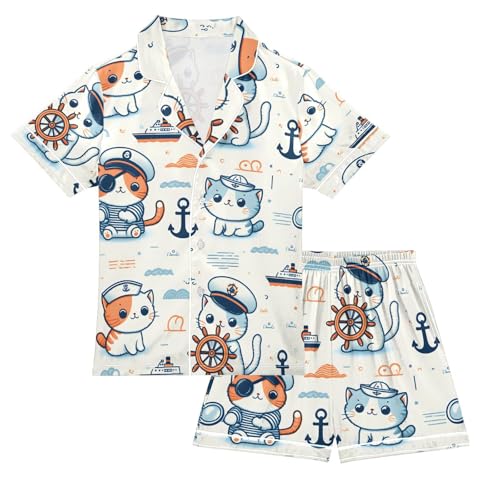 ALAZA Cartoon Cat Anchor Wave Pajamas Satin Pajama Set Short Sleeve Button Down Sleepwear