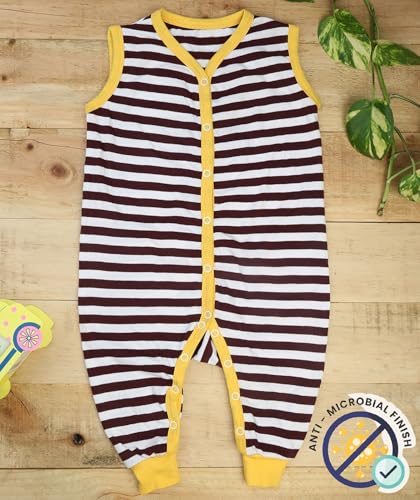 Image of Black striper sleeveless full-length bodysuit romper for baby