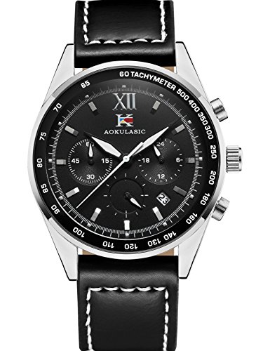 Preisvergleich Produktbild AOKULASIC Herrenuhr Analog Quarz 30ATM Wasserdicht mit Edelstahlgitter AK59 (Silber schwarz)