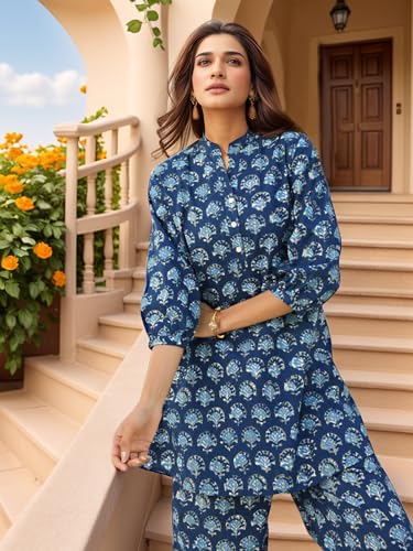 Image of NAINVISH Women's Floral Rayon Blend Co-ord Set | Straight Mandarin Collar Full Sleeve Top & Pant | Elegant Maroon, Blue Style | Ideal for Casual, Lunch, Evening Outings | Ladies Matching Outfit